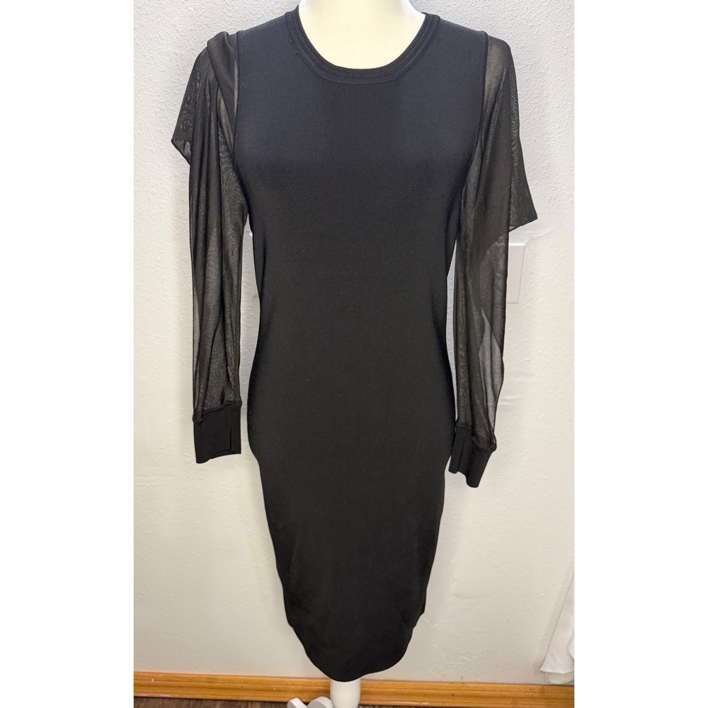 Bailey 44 Black Ribbed Bodycon Midi Dress Sheer Mesh Sleeves Women's‎ Large